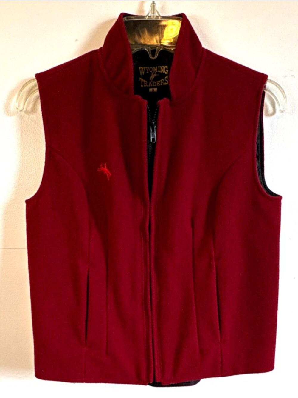 Wyoming Traders Women’s Red Maroon Wool Lined Full Zip Vest Pockets Logo Size S